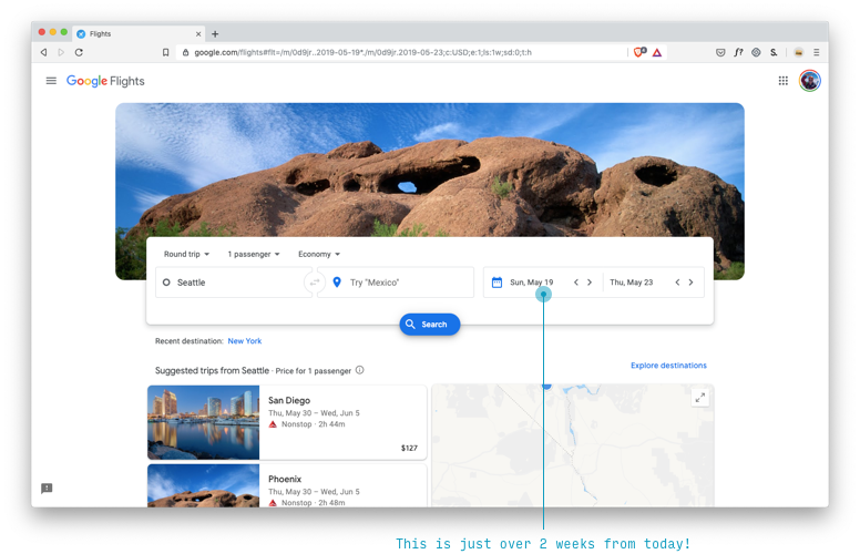 Google Flights defaults to hump in Poisson distribution fo flight dates