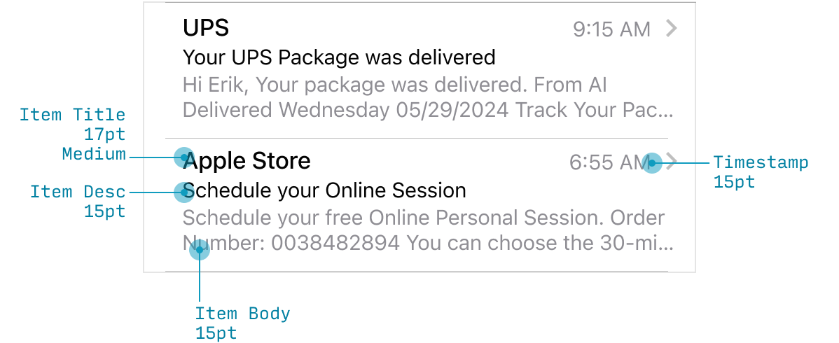 iOS email list font sizes