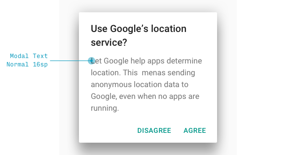 16sp body text on a modal in a Material Design mobile app