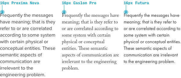 comparison of Proxima Nova vs. Caslon vs. Futura at size 16px