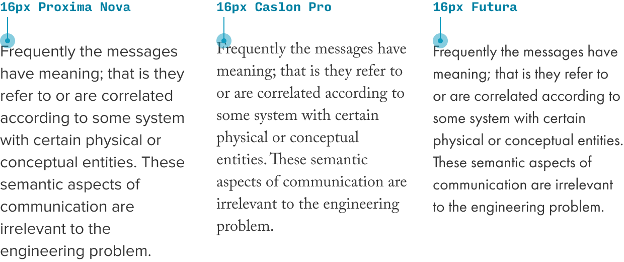 comparison of Proxima Nova vs. Caslon vs. Futura at size 16px