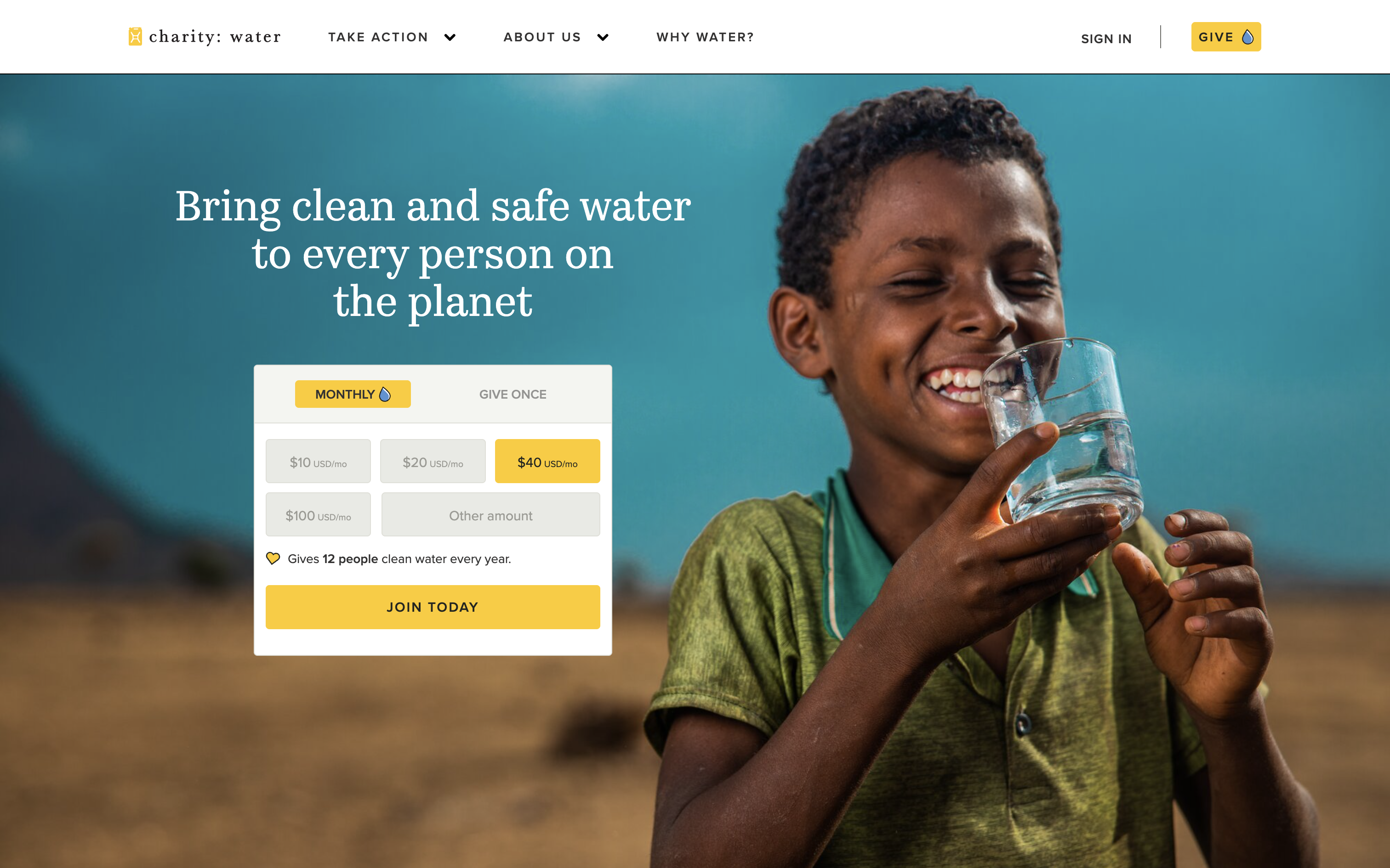 charity: water website with strong custom photography