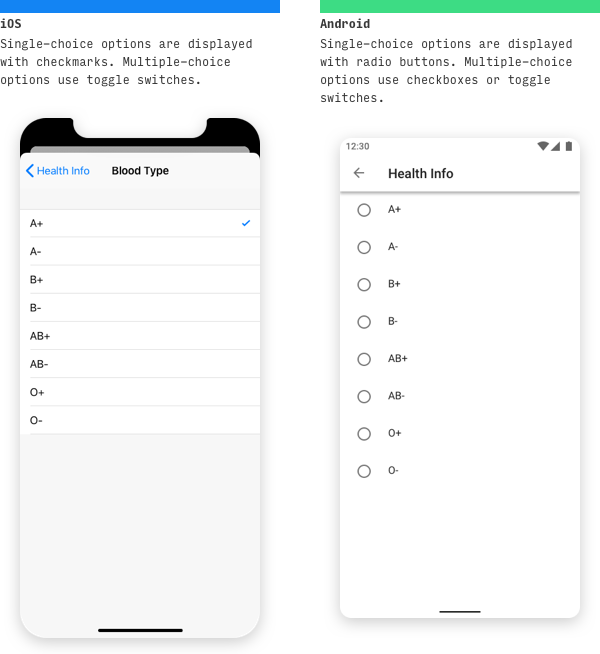 iOS vs Android picker screen UI differences