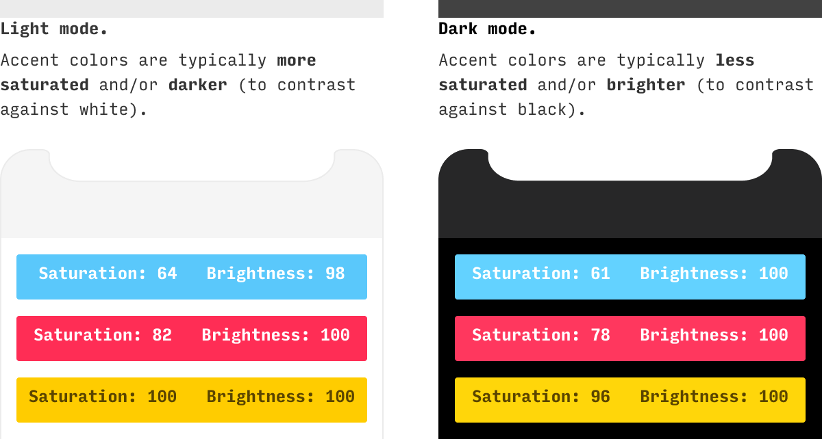 iOS color comparison light mode vs dark mode