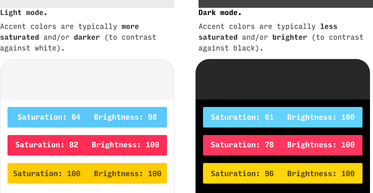 iOS color comparison light mode vs dark mode