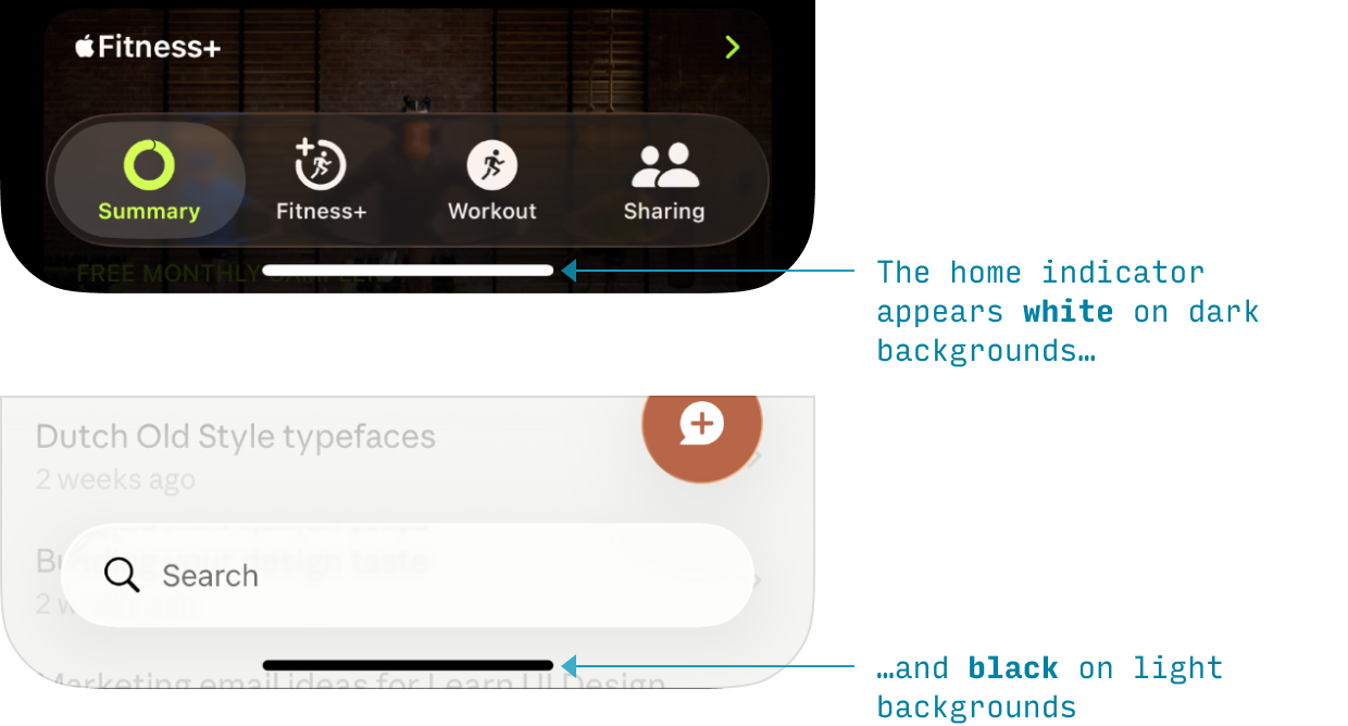 iPhone home indicator in light vs dark UI