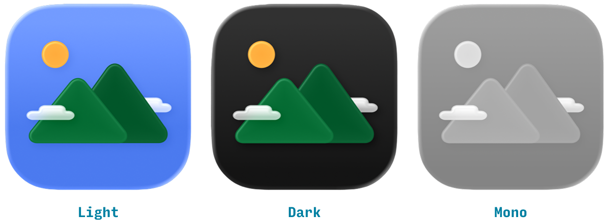 iOS 26 app icons in light, dark, and mono modes