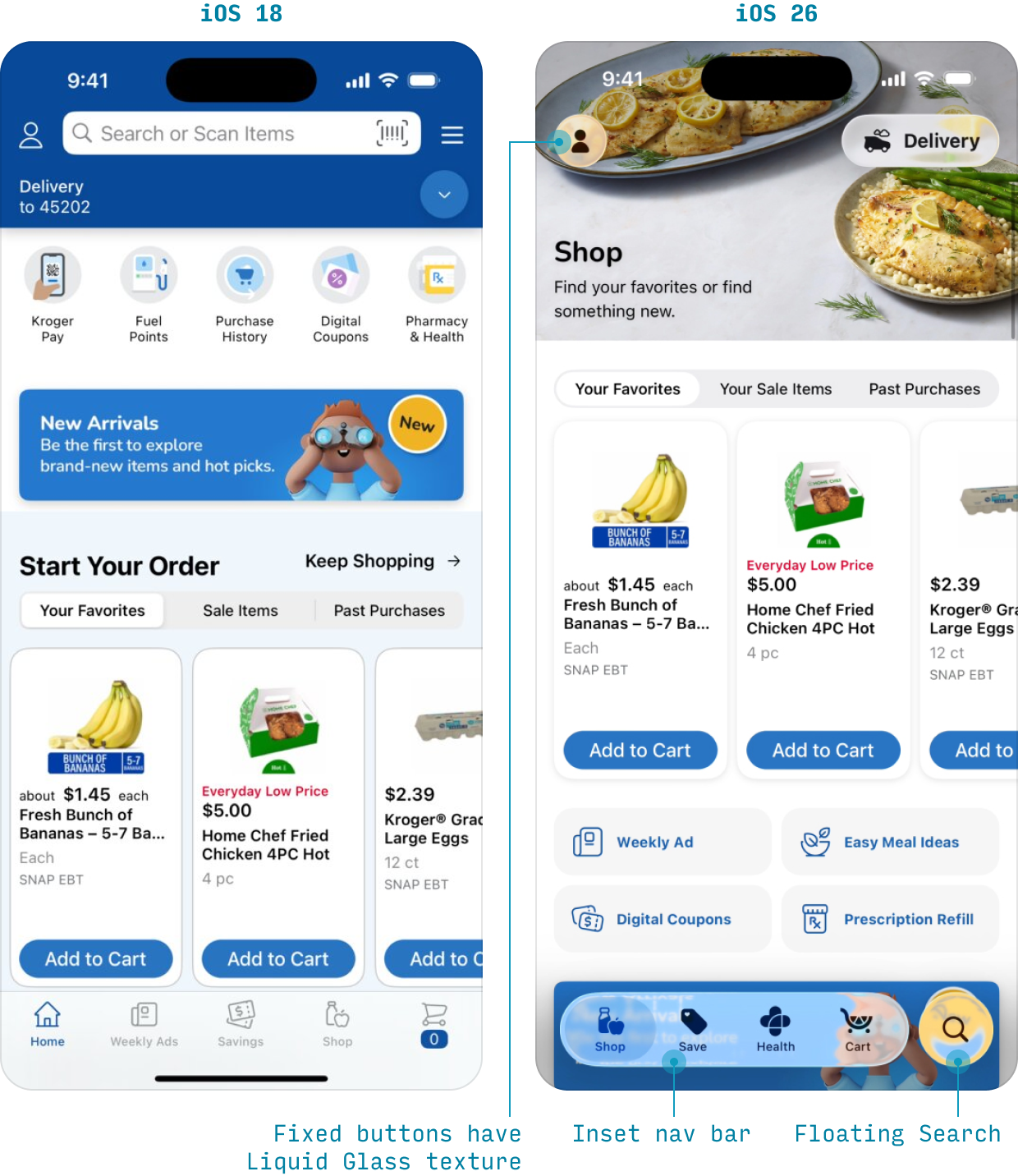 Comparison of Kroger app in iOS 18 vs iOS 26