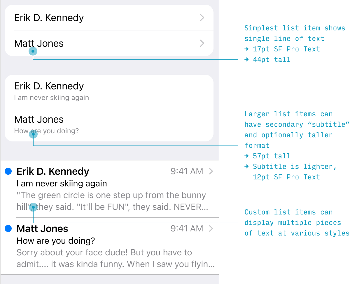 iOS list design types