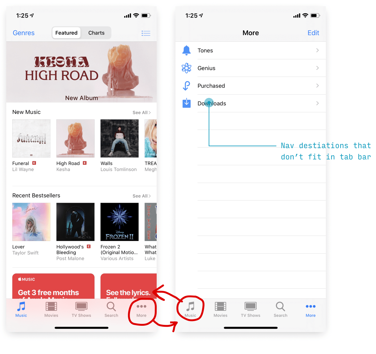 iPhone tab bar with 'More' tab design