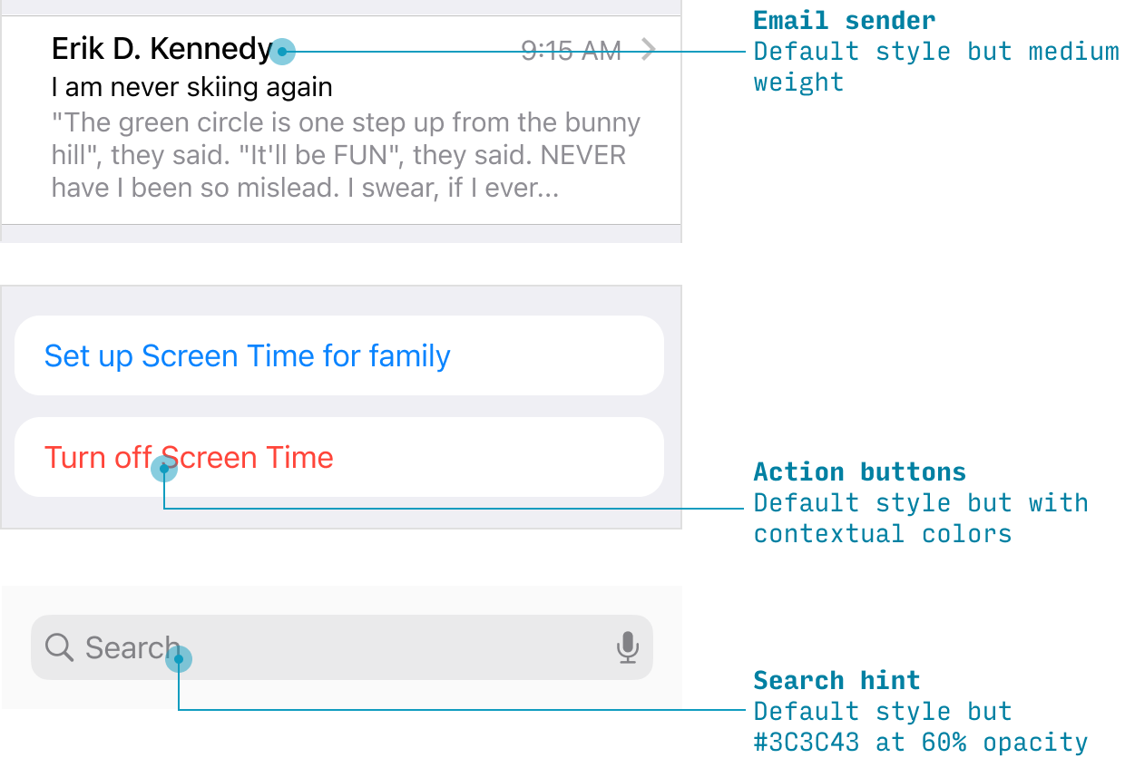 variations of the default text styling for iOS app design