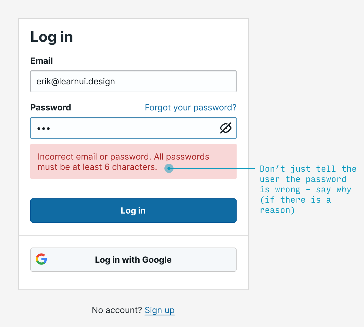 Helpful incorrect password error message