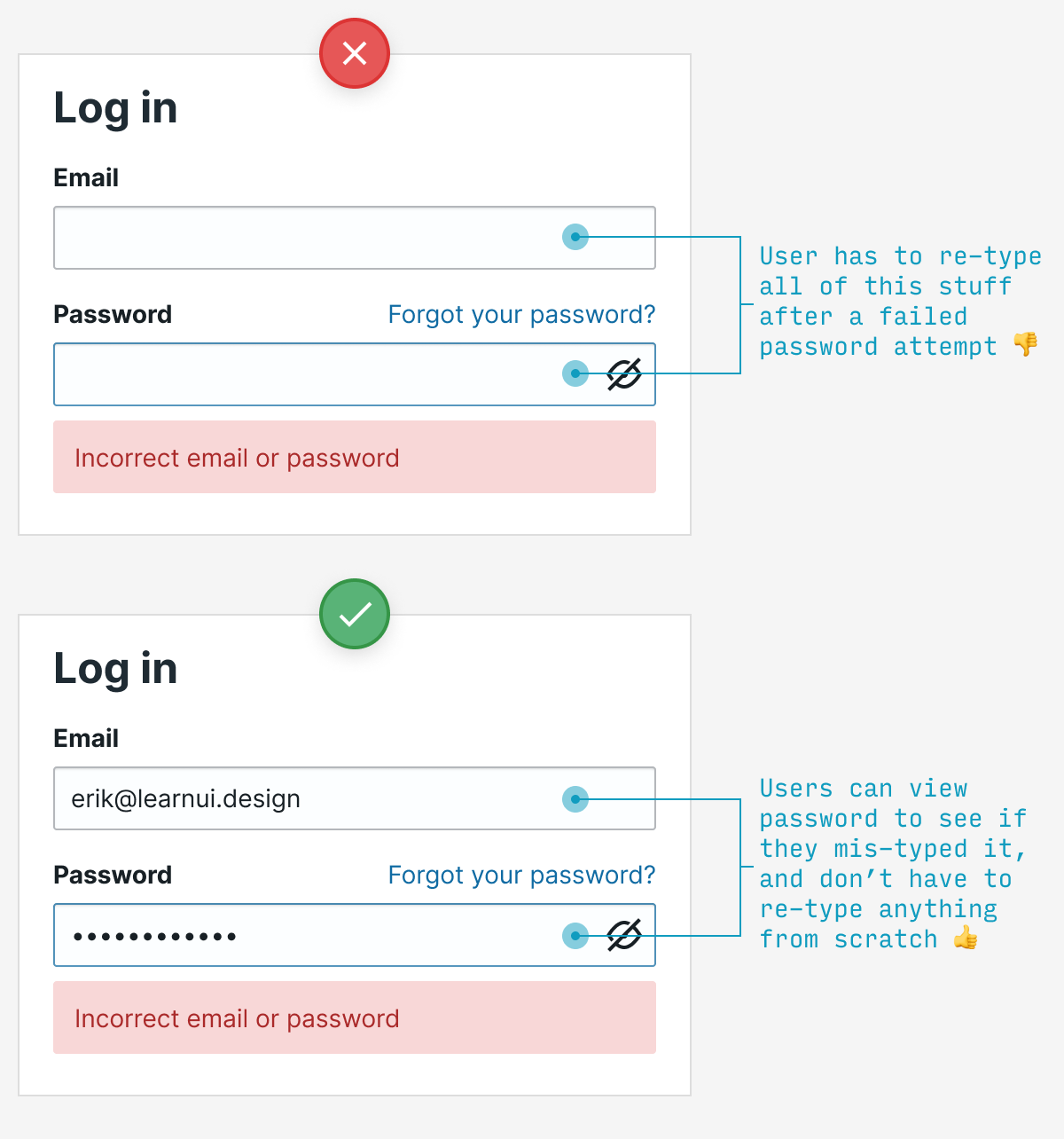 remember password attempt after incorrect password UX pattern