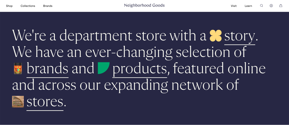 Neighborhood Goods website shows inline imagery/rebus UI technique