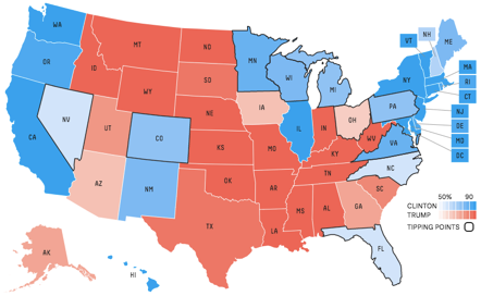 Map of US states voting in 2016 with divergent color scheme